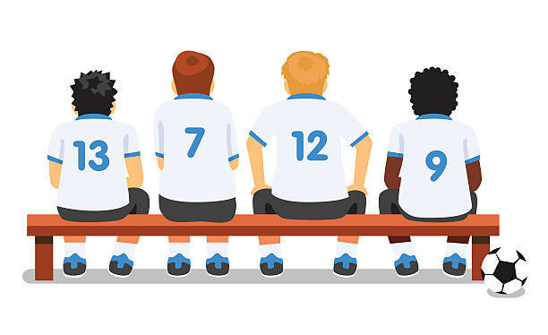 Football soccer sport team sitting on a bench Football soccer sport team sitting on a bench. Flat style vector cartoon illustration isolated on white background. athletic trainer stock illustrations