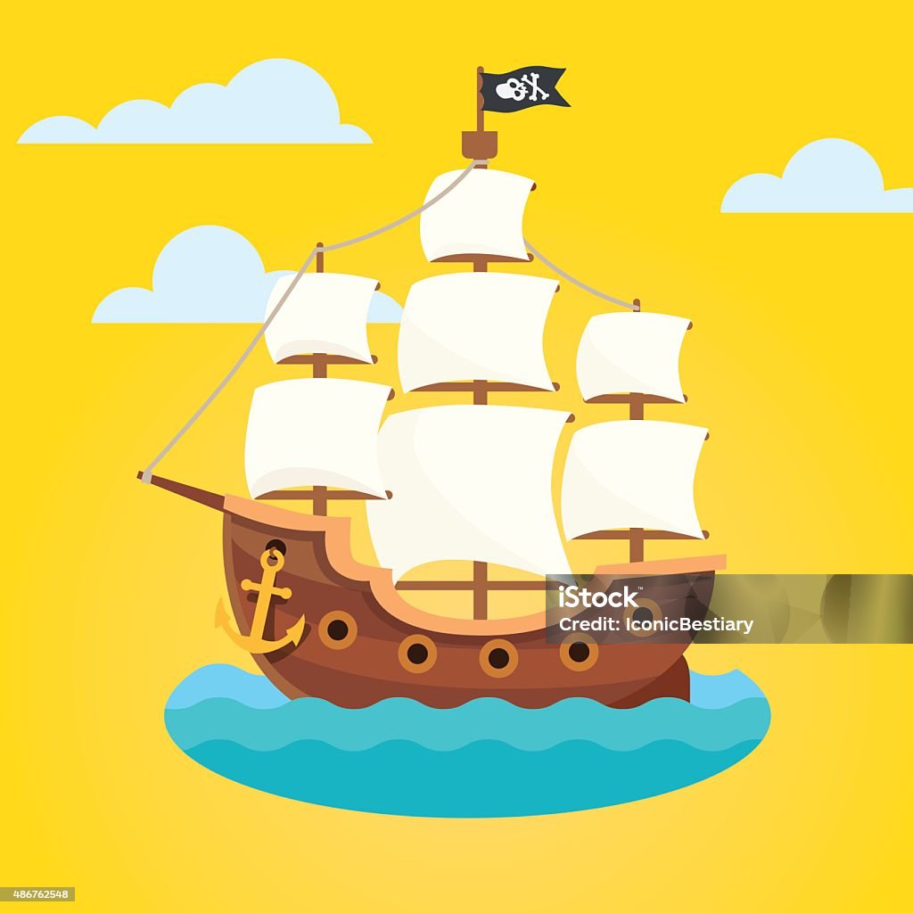 Pirate ship with white sails and black scull flag Pirate ship with white sails and black scull and crossed bones flag. Flat style vector icon. Ship stock vector