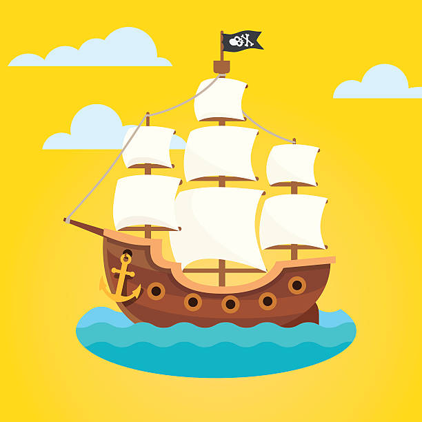 Pirate ship with white sails and black scull flag Pirate ship with white sails and black scull and crossed bones flag. Flat style vector icon. anchor vessel part stock illustrations
