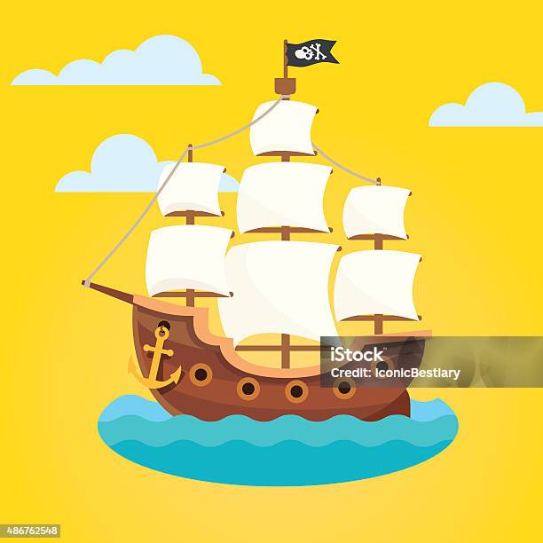 Pirate Ship With White Sails And Black Scull Flag Stock Illustration - Download Image Now - Ship, Pirate - Criminal, Nautical Vessel