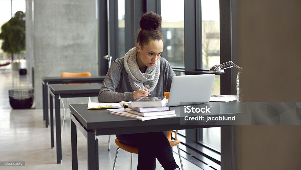 Young female student taking notes for her study Young afro american woman sitting at table with books and laptop for finding information. Young student taking notes from laptop and books for her study in library. University Student Stock Photo