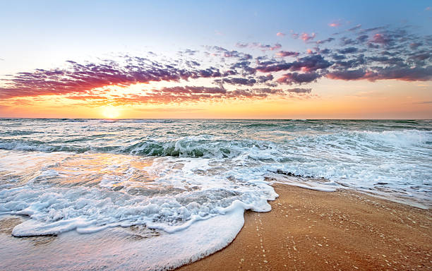 istock Colorful ocean beach sunrise with deep blue sky. 486763158
