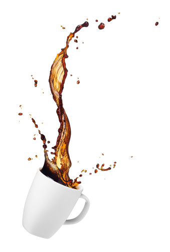 cup of spilling coffee with splash isolated on white
