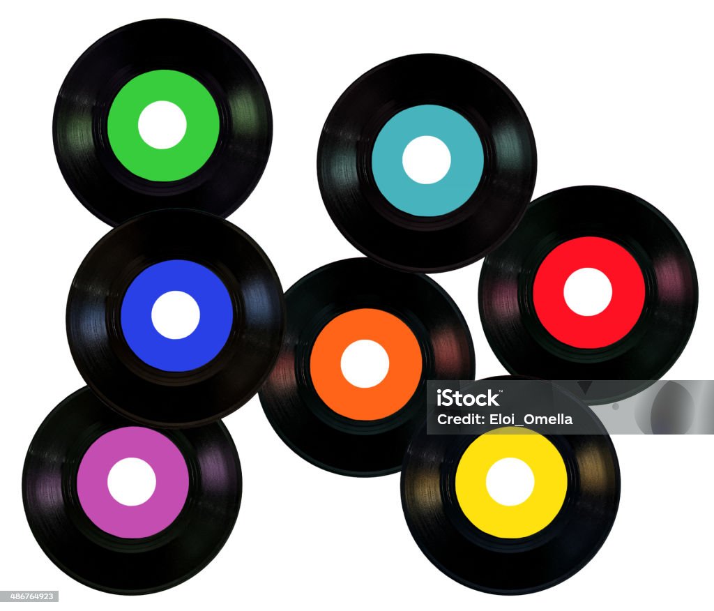 seven multicoloured various vinyl disc seven vinyl in various colours 45-49 Years Stock Photo