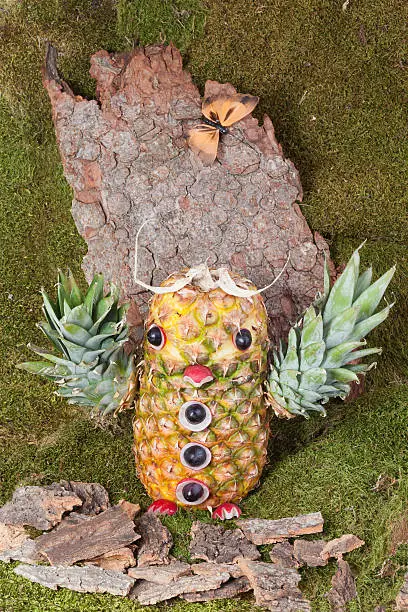 Carved Owl of pineapple, grapes and radishes is in moss, tree bark as background, studio shot.