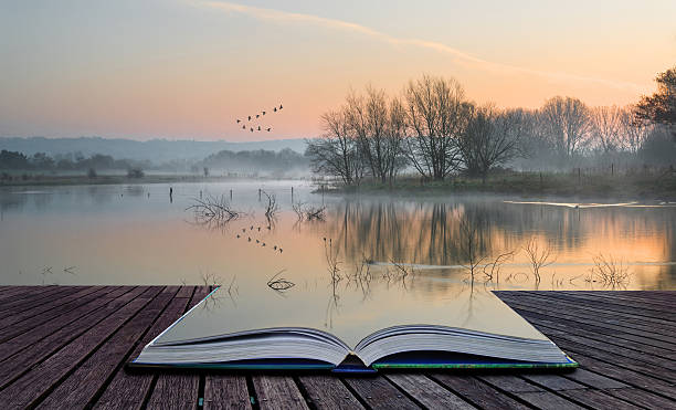istock Book concept Landscape lake mist with sun glow at sunrise 486768511