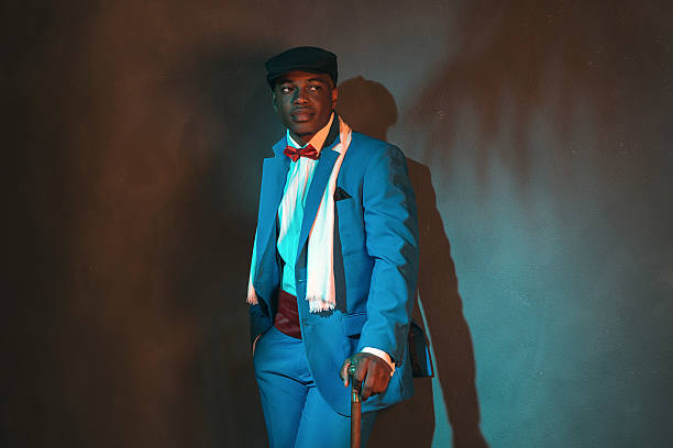 istock Retro african american man in blue suit wearing blue cap. 486775190