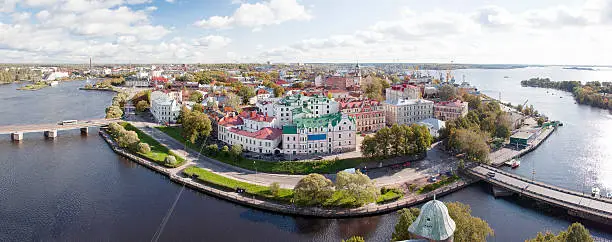 Panorama view of the Old City from the observation deck of the Vyborg Castle (St.Olav Tower).