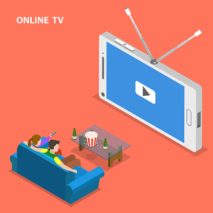Online TV isometric flat vector illustration. Boy and girl sit on the sofa and watch TV set that looks like mobile phone.
