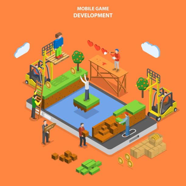 Mobile game development flat isometric vector. Mobile game development flat isometric vector concept. Developers team build virtual world of mobile game. game developer stock illustrations