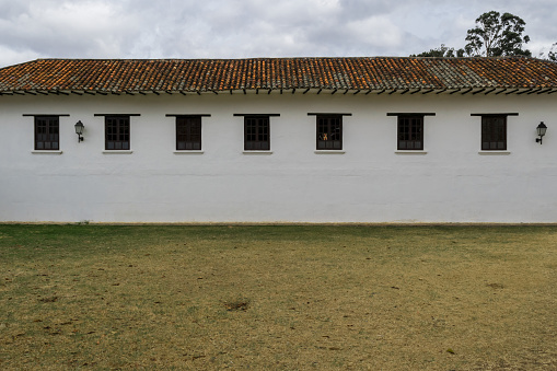 Typical Architecture in Villa de Leyva, one of the most beautiful colonial villages in Colombia that seems frozen in time. This village was declared a national monument in 1954, since then, the photogenic village has been preserved in its entirety with cobblestone roads and whitewashed buildings.
