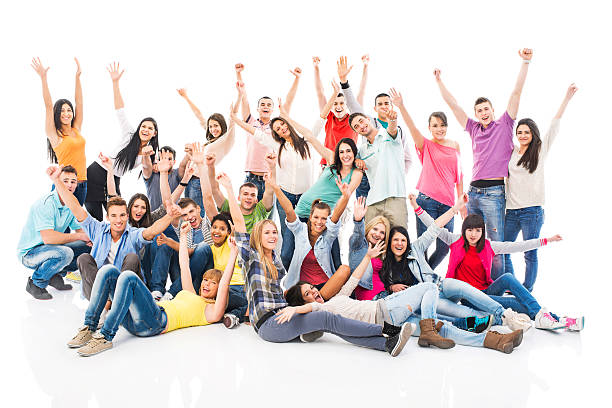istock Large group of happy people with raised arms. 486785939