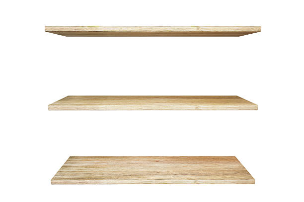 istock Wooden shelves isolated on white background 486786454