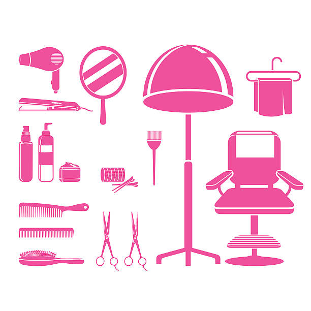 ilustraciones, imágenes clip art, dibujos animados e iconos de stock de equipos de peluquería, monocromo - computer icon symbol hair gel hair salon