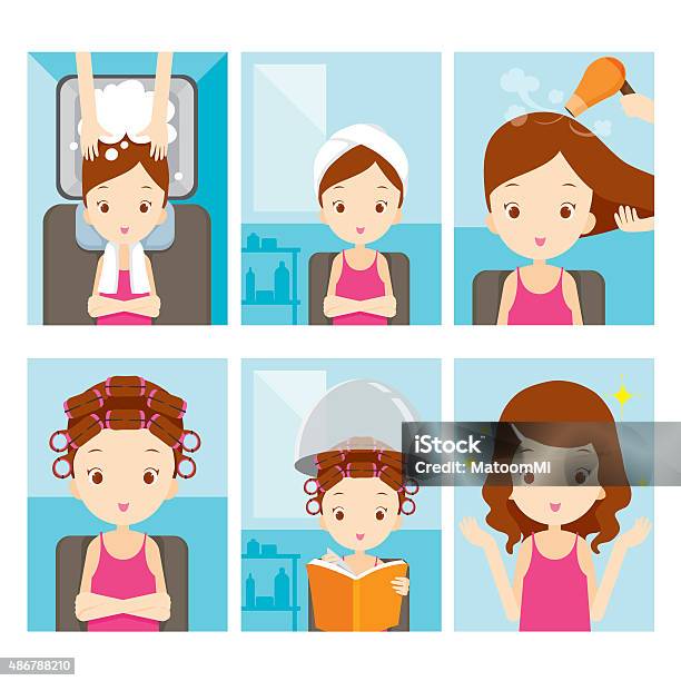 Relaxing Girl In Hair Salon Set Stock Illustration - Download Image Now - 2015, Adult, Arts Culture and Entertainment