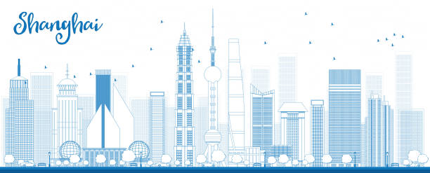 illustrations, cliparts, dessins animés et icônes de contour la ville de shanghai, avec ses gratte-ciel bleu. - shanghai finance skyline backgrounds