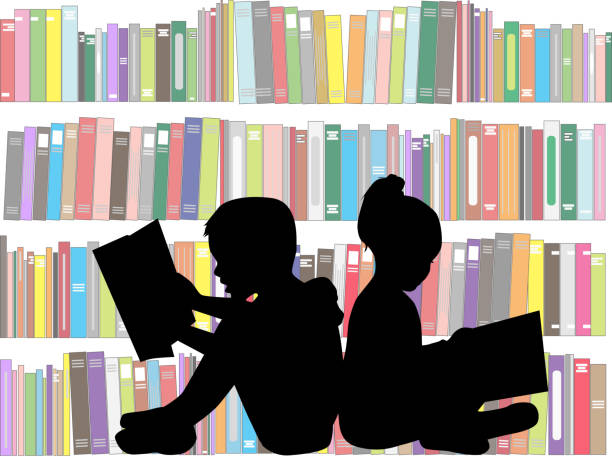 ilustraciones, imágenes clip art, dibujos animados e iconos de stock de niños leyendo el libro. - silhouette back lit little boys child