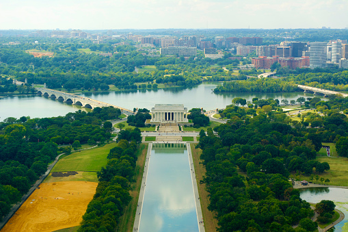 Washington D.C. United States of America. Lincoln Memorial from the observation deck of the Washington Monument. 