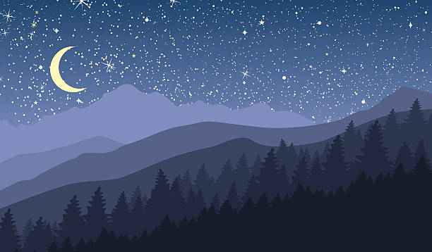 illustrazioni stock, clip art, cartoni animati e icone di tendenza di paesaggio di montagna, di notte con la luna e le stelle nuovo - mountain mountain range rocky mountains silhouette