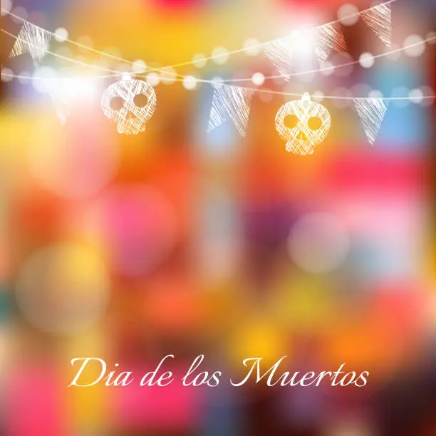 Vector illustration of Dia de los muertos, Halloween card, with lights, sculls, flags