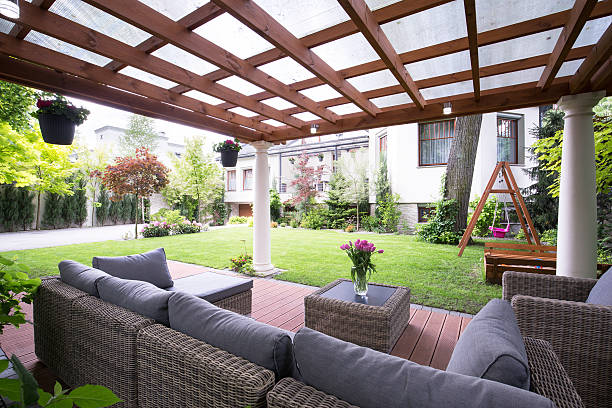 istock Modern arbour with garden furniture 486797468