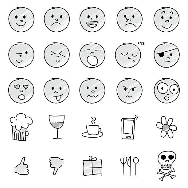 Set of hand drawn emoticons Vector set of 25 hand drawn cartoon emoticons in greyscale. drawing of the how to draw a crying face stock illustrations