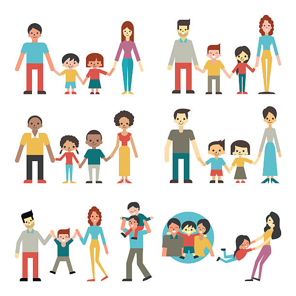 Family Illustration character of people in happy family concept, father, mother, son and daughter. Diverse, multi-ethnic, american, african, hispanic, asian, caucasian. Flat design. hispanic family stock illustrations