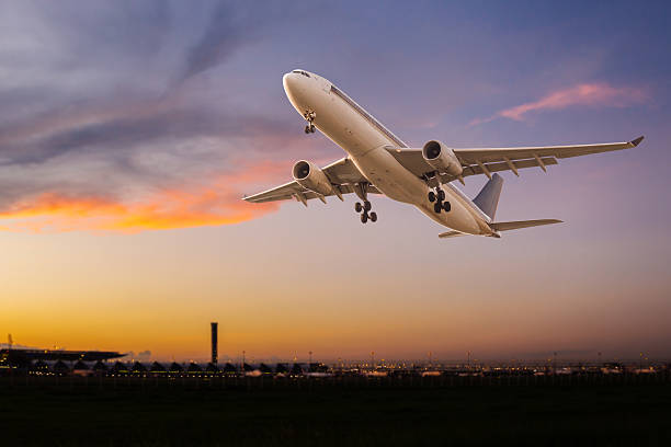 istock Commercial airplane take off at sunset 486801696