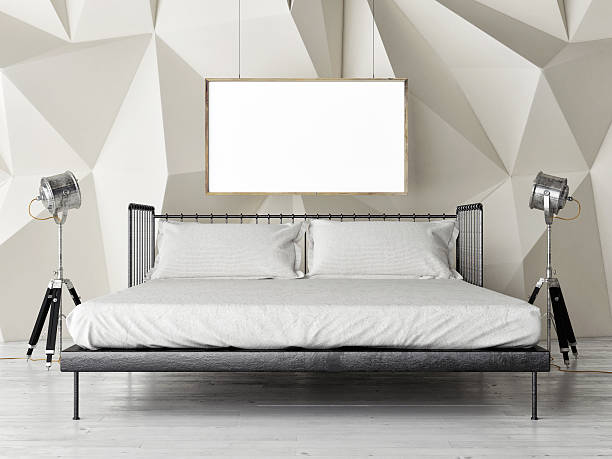istock Bedroom retro duble bed with mock up poster 486802060