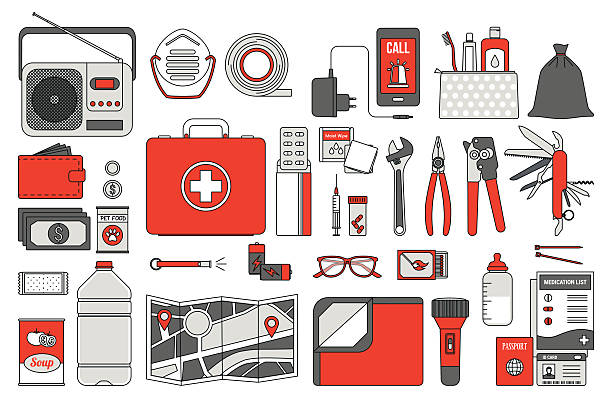 Survival emergency kit Survival emergency kit for evacuation, vector objects set on white background first aid stock illustrations