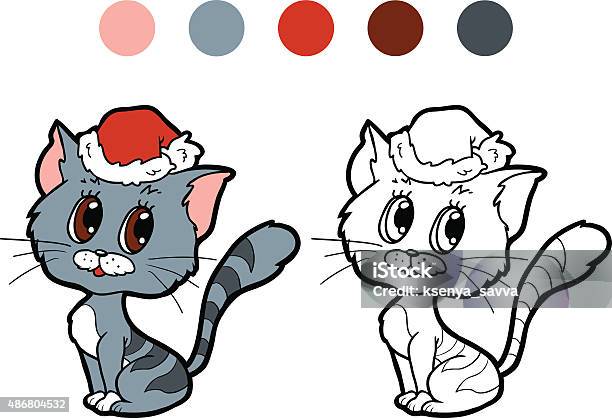 Coloring Book Christmas Winter Cat Game For Children Stock Illustration - Download Image Now