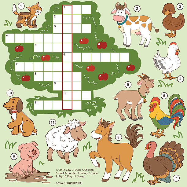 bildbanksillustrationer, clip art samt tecknat material och ikoner med vector color crossword, education game about farm animals - school animal coloring
