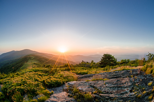 Sun rays fan out as the sun crests the ridge behind Roan Mountain
