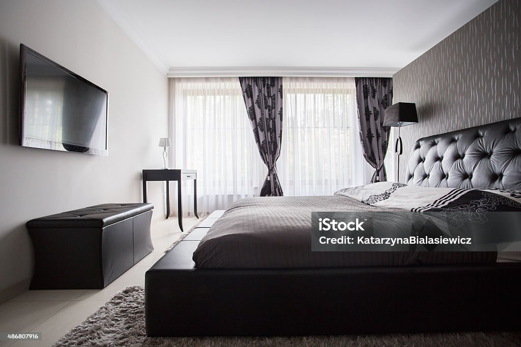 Luxury bedroom in gray color Interior of luxury bedroom in gray color 2015 Stock Photo