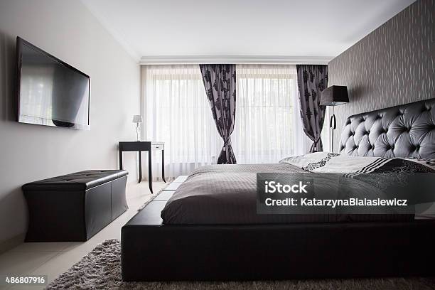 Luxury Bedroom In Gray Color Stock Photo - Download Image Now - 2015, Apartment, Arts Culture and Entertainment