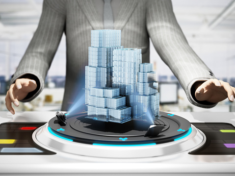 Complex 3D building hologram on the future-tech halography device controlled by a man in business suit. Future-tech architecture and construction concept. CGI character design.
