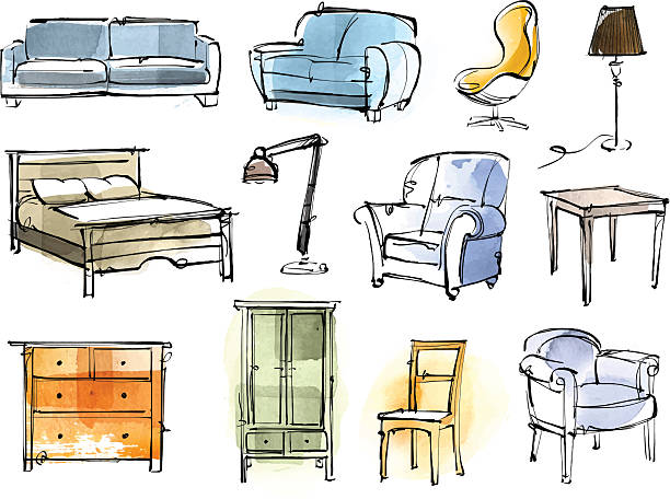 Furniture Set Vector Image was digital created. No opening Paths, big JPG including.Traced from handmade Illustration. furniture illustrations stock illustrations