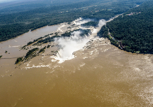 Iguazu waterfalls from helicopter. Border of Brazil and Argentina.