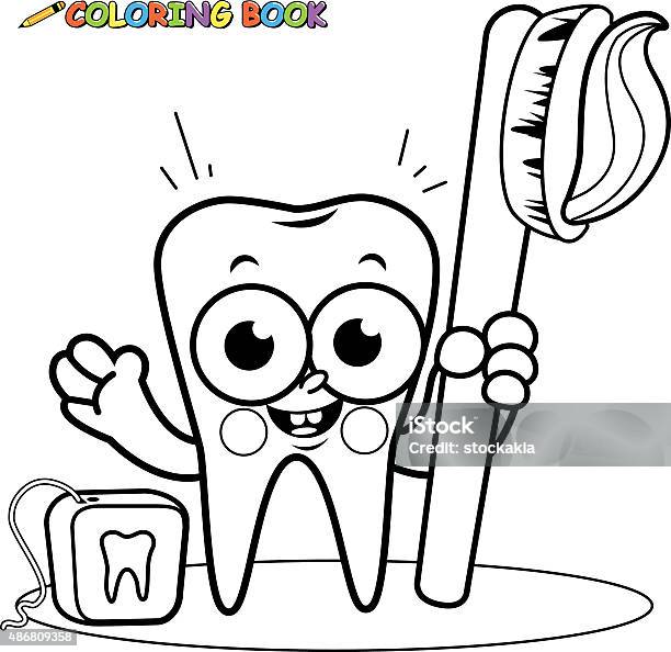 Coloring Page Tooth Cartoon Character Holding Toothbrush And Dental Floss Stock Illustration - Download Image Now