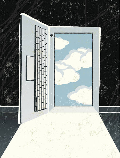 illustrazioni stock, clip art, cartoni animati e icone di tendenza di computer portatile porta con cielo blu e nuvole - cloud cloud computing computer cloudscape