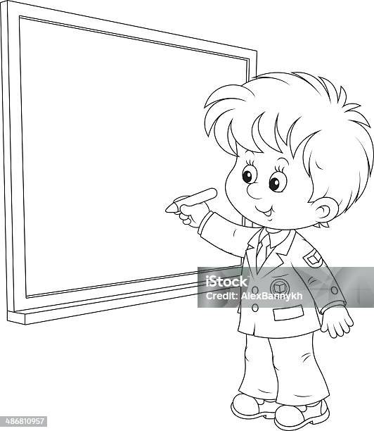 Schoolboy Writes On The Blackboard Stock Illustration - Download Image Now - Back to School, Black And White, Boys
