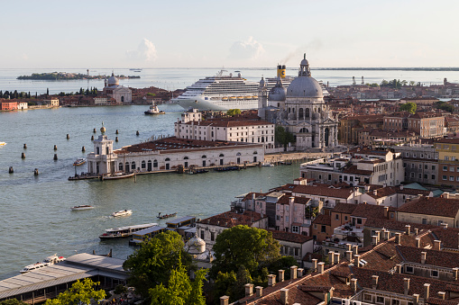 Venice, Italy - April 23, 2014: The cruise ship Costa Magica crosses the Venetian Lagoon on a sunny Spring day