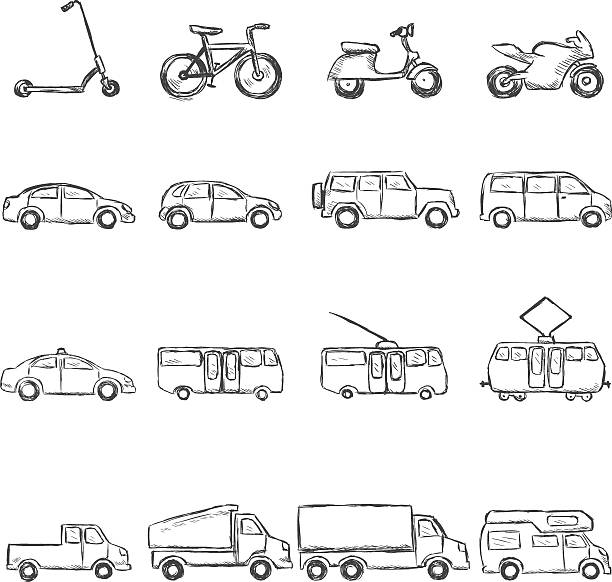 Vector Set of Sketch Ground Transportation Icons Vector Set of Sketch Ground Transportation Icons motorcycle drawings stock illustrations