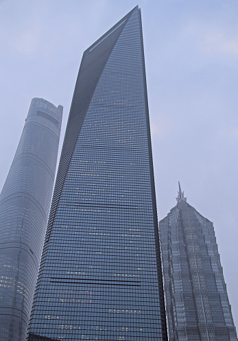 three skyscrapers in center of Shanghai, China