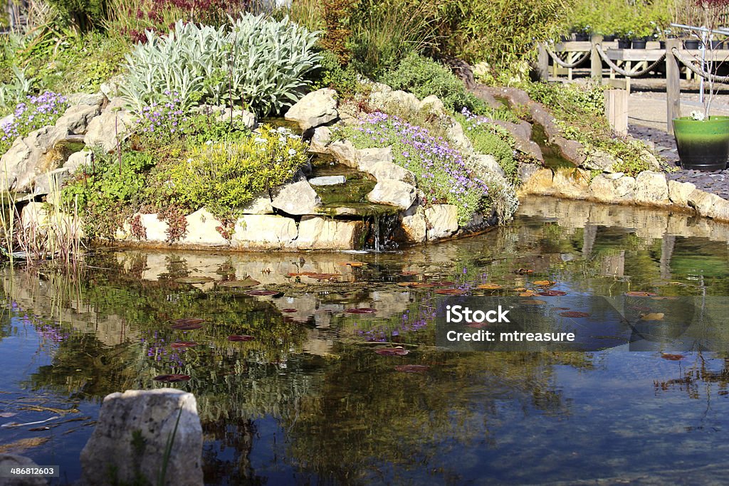 Imagen de un jardín con cascada y estanque con peces piedra - Foto de stock de Accesorio de jardín libre de derechos