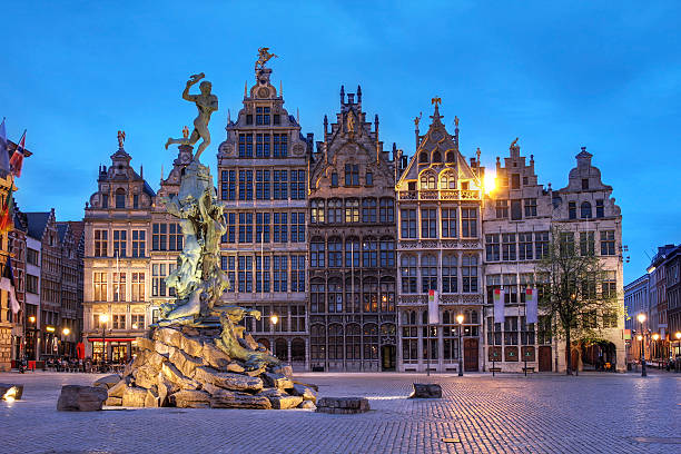 Grote Markt, Antwerp, Belgium A series of Guildhouses in Grote Markt (Big Market Square) in the old town of Antwerp, Belgium at twilight. blue hour twilight stock pictures, royalty-free photos & images