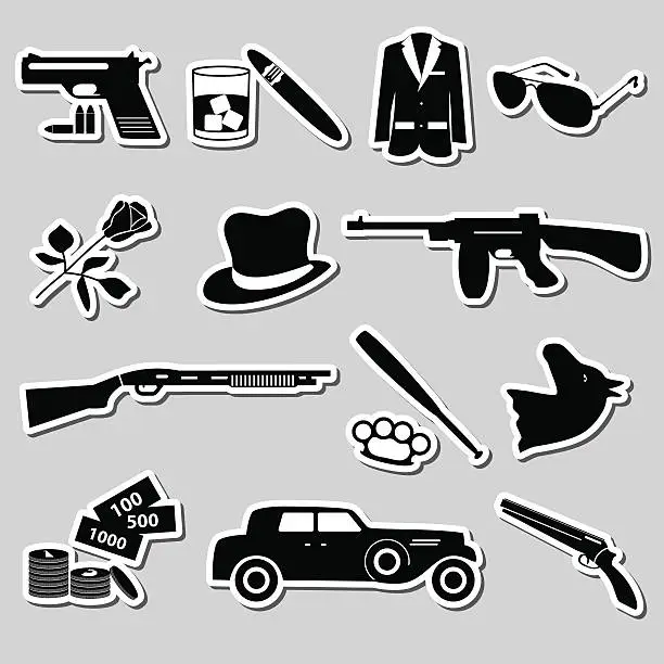 Vector illustration of mafia criminal black symbols and stickers set eps10