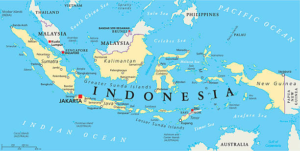 Indonesia Political Map Indonesia political map with capital Jakarta, national borders and important cities. English labeling and scaling. Illustration. indonesia stock illustrations