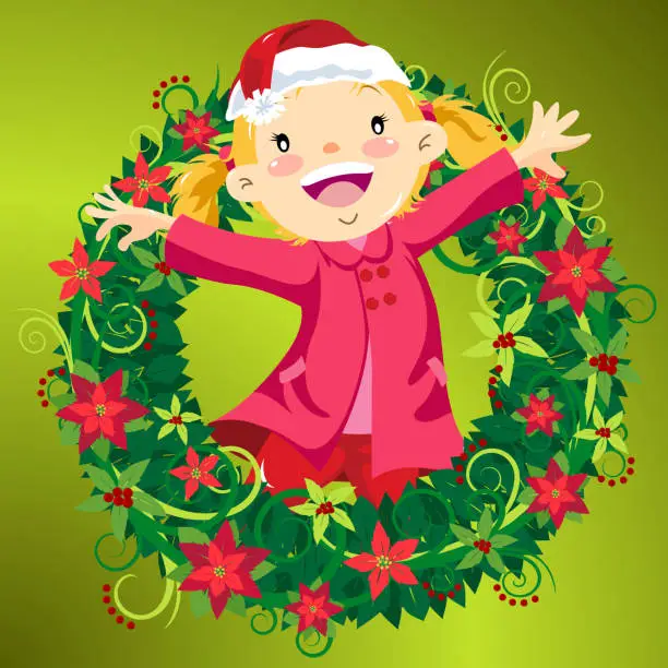 Vector illustration of Christmas wreath with kids