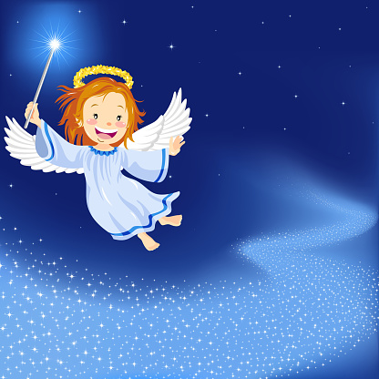 Little girl wearing angel costume to play the role of christmas angel in starry night.